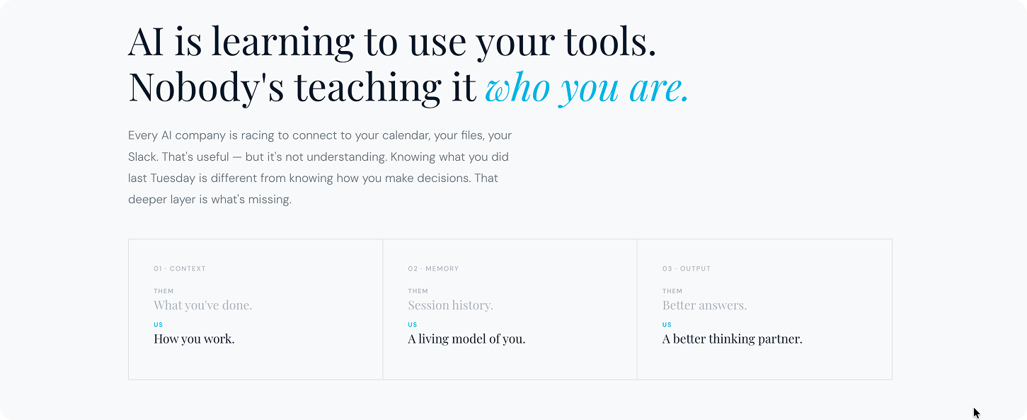 Light-themed landing page section with the headline "AI is learning to use your tools. Nobody's teaching it who you are." Body copy: "Every AI company is racing to connect to your calendar, your files, your Slack. That's useful, but it's not understanding. Knowing what you did last Tuesday is different from knowing how you make decisions. That deeper layer is what's missing." Below, a three-column "Them vs Us" comparison: 01 Context — Them: "What you've done," Us: "How you work." 02 Memory — Them: "Session history," Us: "A living model of you." 03 Output — Them: "Better answers," Us: "A better thinking partner."