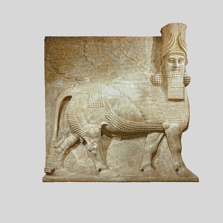 Ancient Assyrian artwork including an ivory plaque and a lamassu statue.