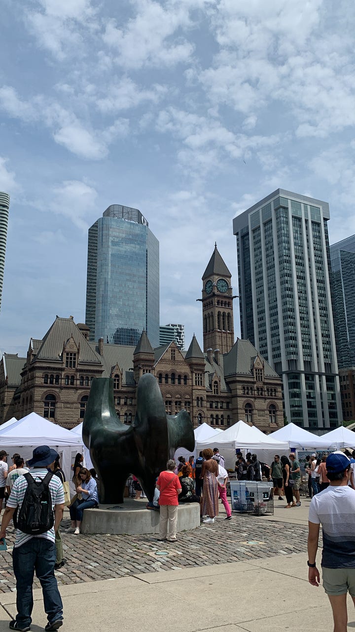 Two images: The TORONTO sign at Nathan Phillips Square with tents around a pool that doubles as a skating rink in the winter. The second image shows the tents with city buildings rising high above in the background.