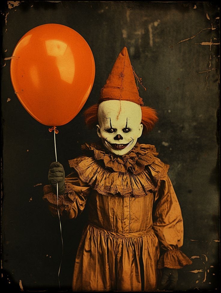 This may contain: a creepy clown holding an orange balloon