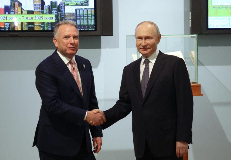 Russia's President Vladimir Putin with President Donald Trump's envoy Steve Witkoff during a meeting in Saint Petersburg on April 11, 2025.