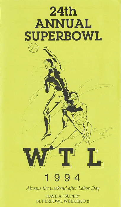 Three vintage program covers for the White Thorn Lodge Superbowl of Volleyball. The 1989 cover (20th annual) is blue with bold text and a volleyball illustration. The 1991 cover (21st annual) is yellow with green text and a similar volleyball design. The 1994 cover (24th annual) is bright yellow, featuring two stylized volleyball players mid-action with the initials “WTL.”