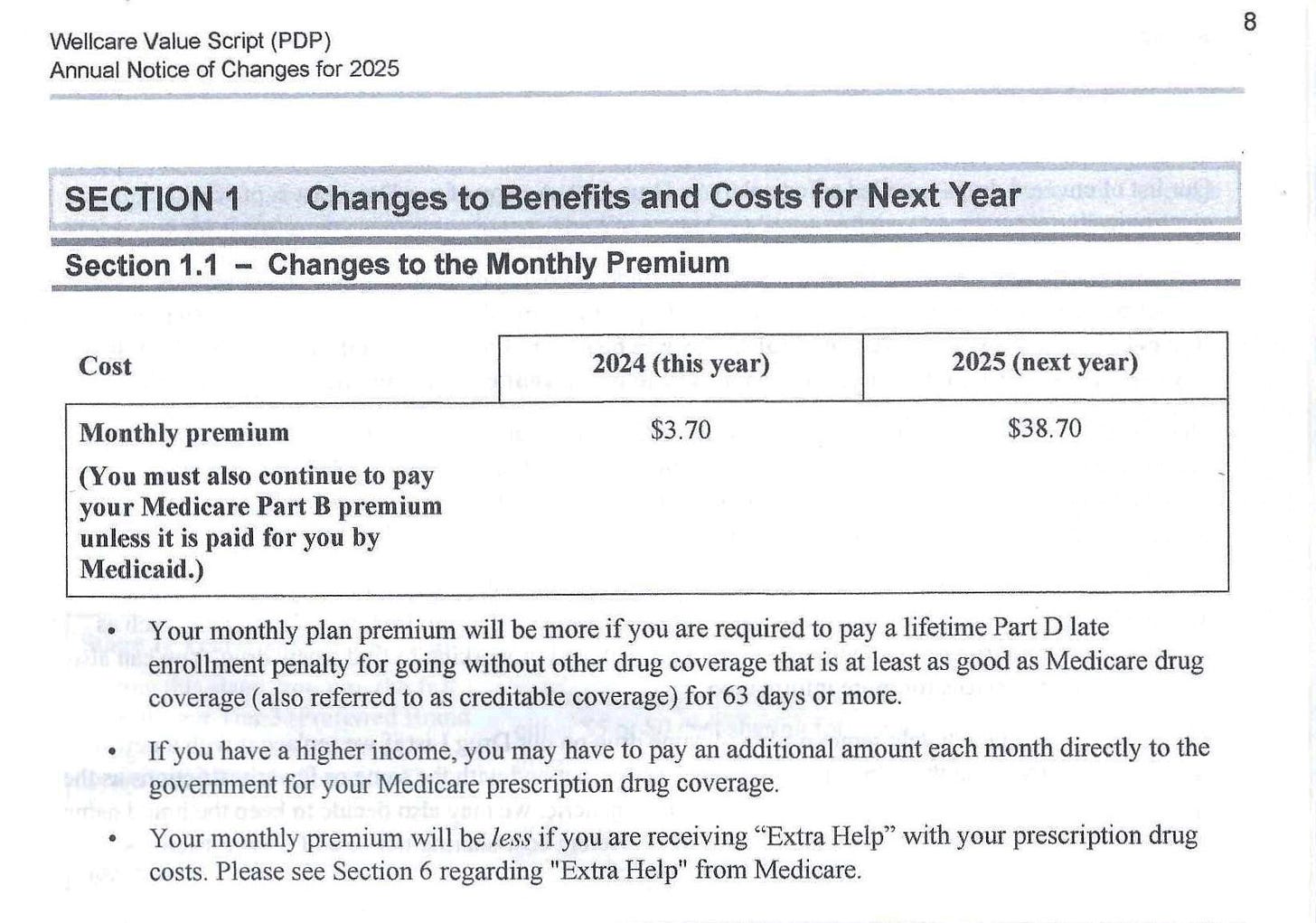 An excerpted portion of a booklet showing a premium increase. An excerpted portion of a booklet showing a premium increase.