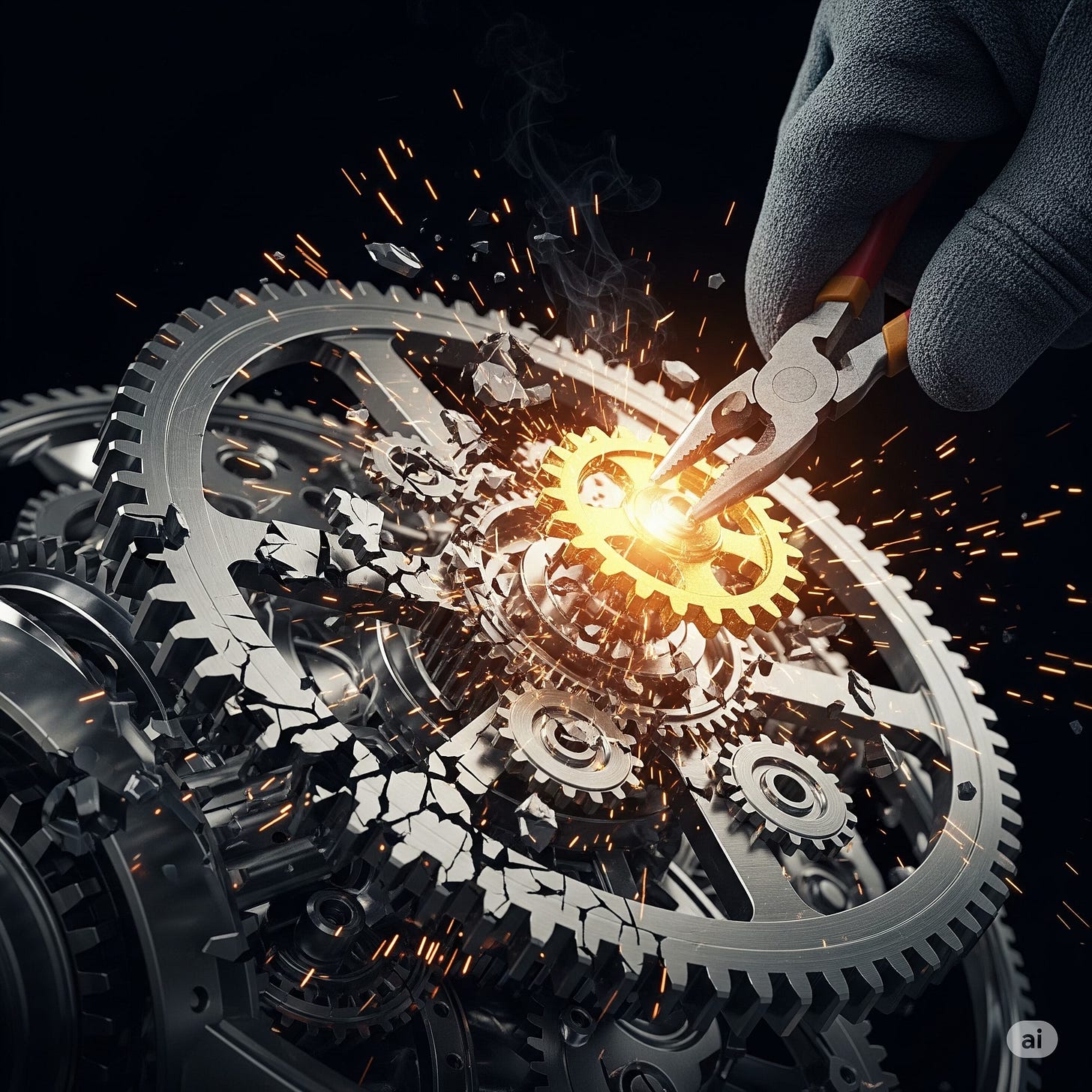 A conceptual illustration of a complex machine breaking down. A gloved hand uses pliers to remove a crucial, glowing golden gear from the center, causing the surrounding gears to shatter and emit sparks, symbolizing a catastrophic system failure from one small change. A conceptual illustration of a complex machine breaking down. A gloved hand uses pliers to remove a crucial, glowing golden gear from the center, causing the surrounding gears to shatter and emit sparks, symbolizing a catastrophic system failure from one small change.