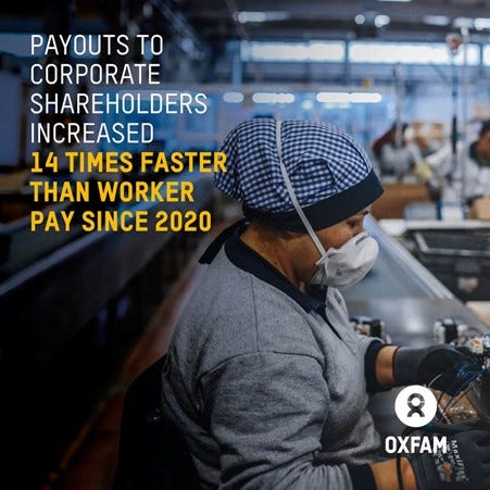 photo of woman working with text saying  shareholder payouts increased 14 times faster than worker pay