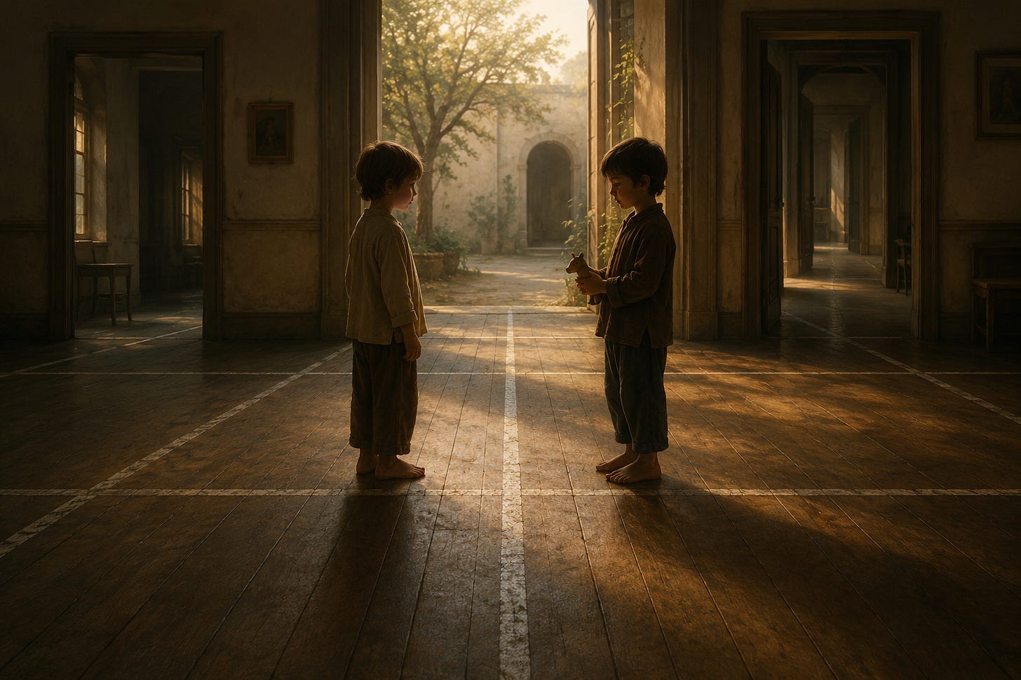 Two children stand quietly on opposite sides of a painted line on the wooden floor of a vast old house at dawn, one holding a small wooden animal near a courtyard threshold. Two children stand quietly on opposite sides of a painted line on the wooden floor of a vast old house at dawn, one holding a small wooden animal near a courtyard threshold.