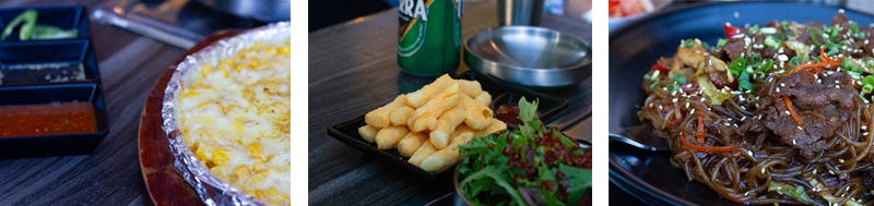 Corn cheese and sauce, fried tteok-bokk, salad and beer and noodles with beef from Chingu Korean BBQ.
