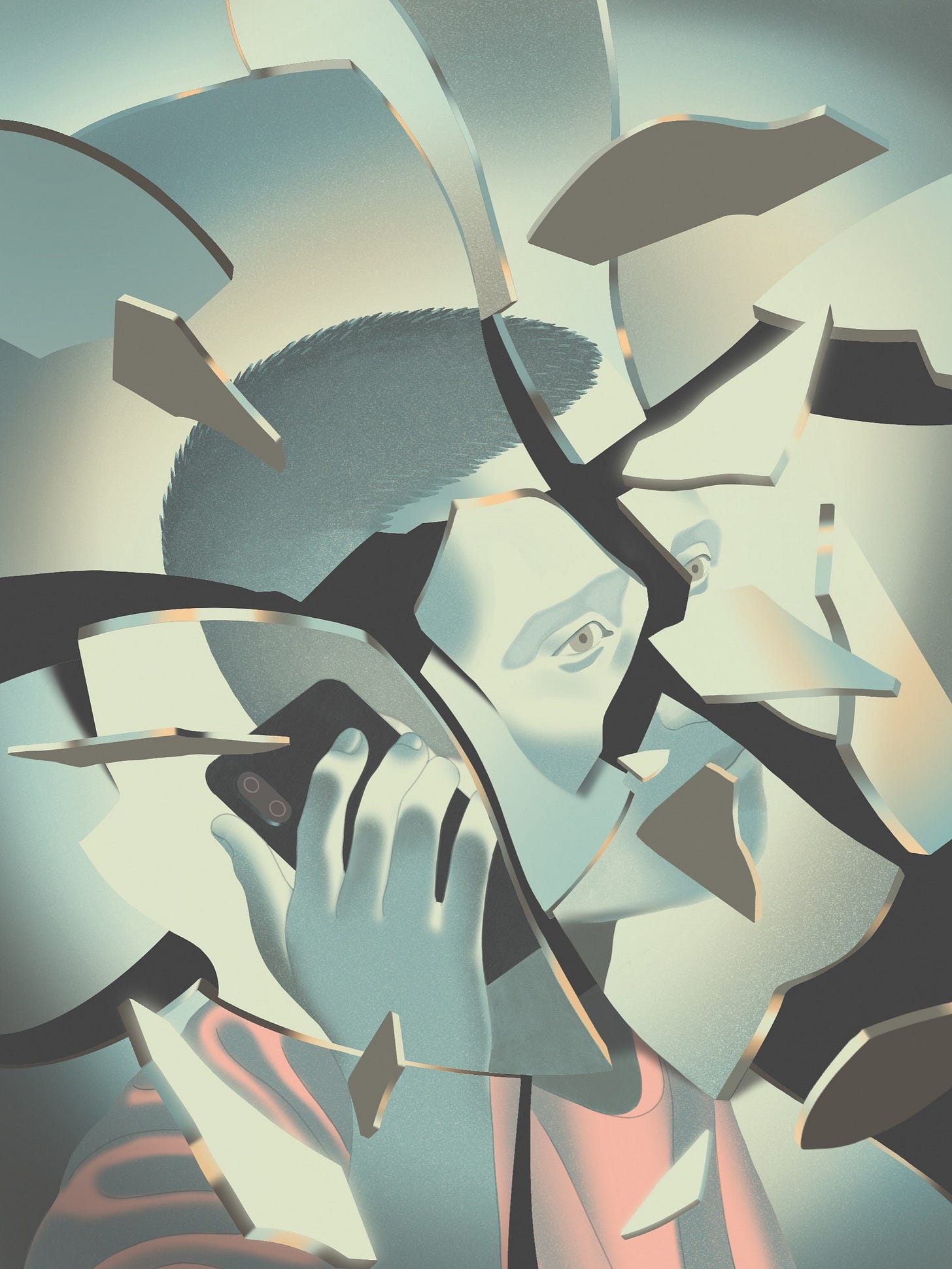 A cracked mirror showing a man on his phone.