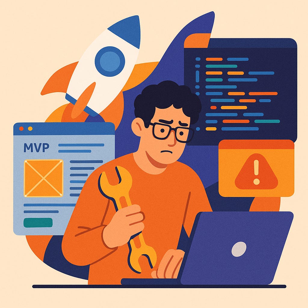 Developer holding wrench and coding on laptop amid rocket, error sign, and MVP screen.