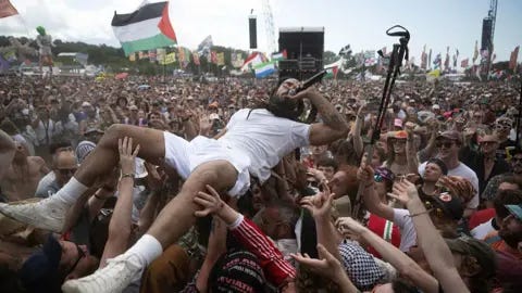 Getty Images Bobby Vylan of British duo Bob Vylan performs on the West Holts Stage.