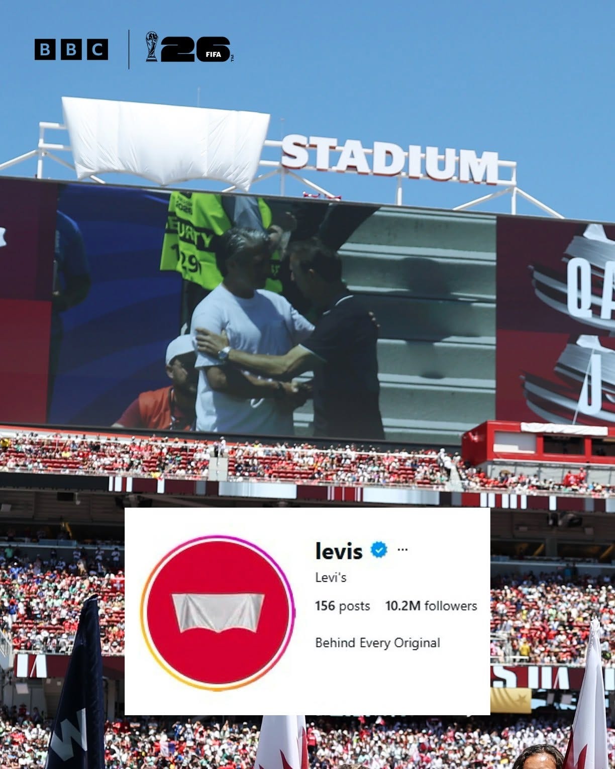 May be an image of text that says "B B c c FIFA STADIUM 0 i 10.2M followers MO 156 posts levis Levi's Behind Every Original" May be an image of text that says "B B c c FIFA STADIUM 0 i 10.2M followers MO 156 posts levis Levi's Behind Every Original"