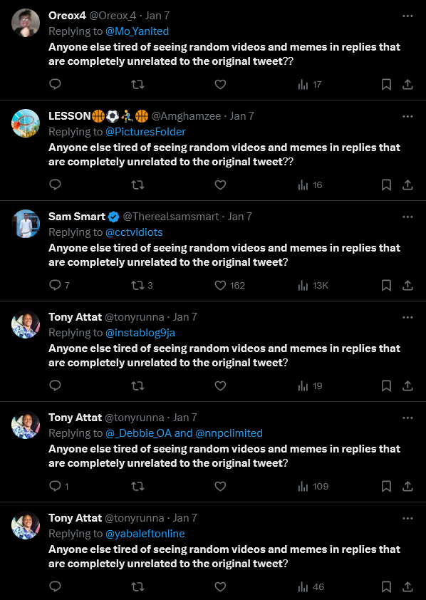 Screenshots of Twitter users repeatedly saying "Anyone else tired of seeing random videos and memes in replies that are completed unrelated to the original tweet?"