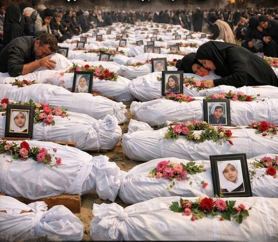 A large outdoor mass funeral with dozens of white-shrouded bodies laid in rows on the ground, each with a framed portrait photograph of a young girl and pink and red flowers placed on top. Two mourners — a man on the left and a woman in a black hijab on the right — lean over the shrouds, weeping. A large crowd of mourners in dark clothing fills the background.