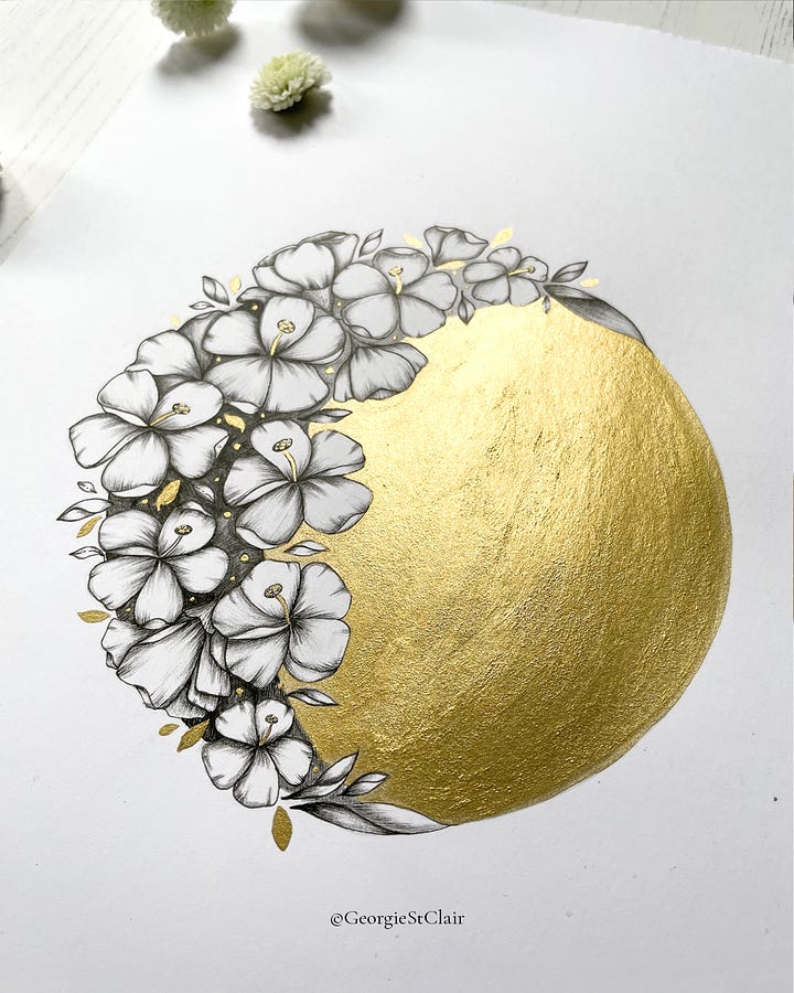 Pen and ink botanical illustrations, with gold metallic watercolour paint, inspired by spring blossom