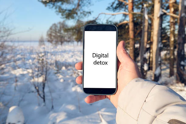 Hand holding smartphone showing digital detox message in winter forest Hand holding a smartphone with digital detox text on its screen in a snowy winter landscape solitary screen time stock pictures, royalty-free photos & images