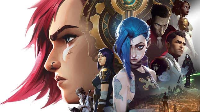 Main poster for League of Legends: Arcane, featuring the show's main cast.