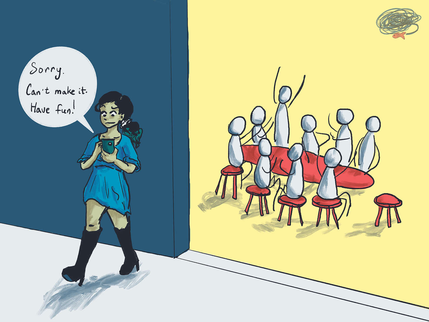 An illustration of a woman with dark hair and green tips walking away from a dinner party as she texts on her phone "Sorry. Can't make it. Have fun!"