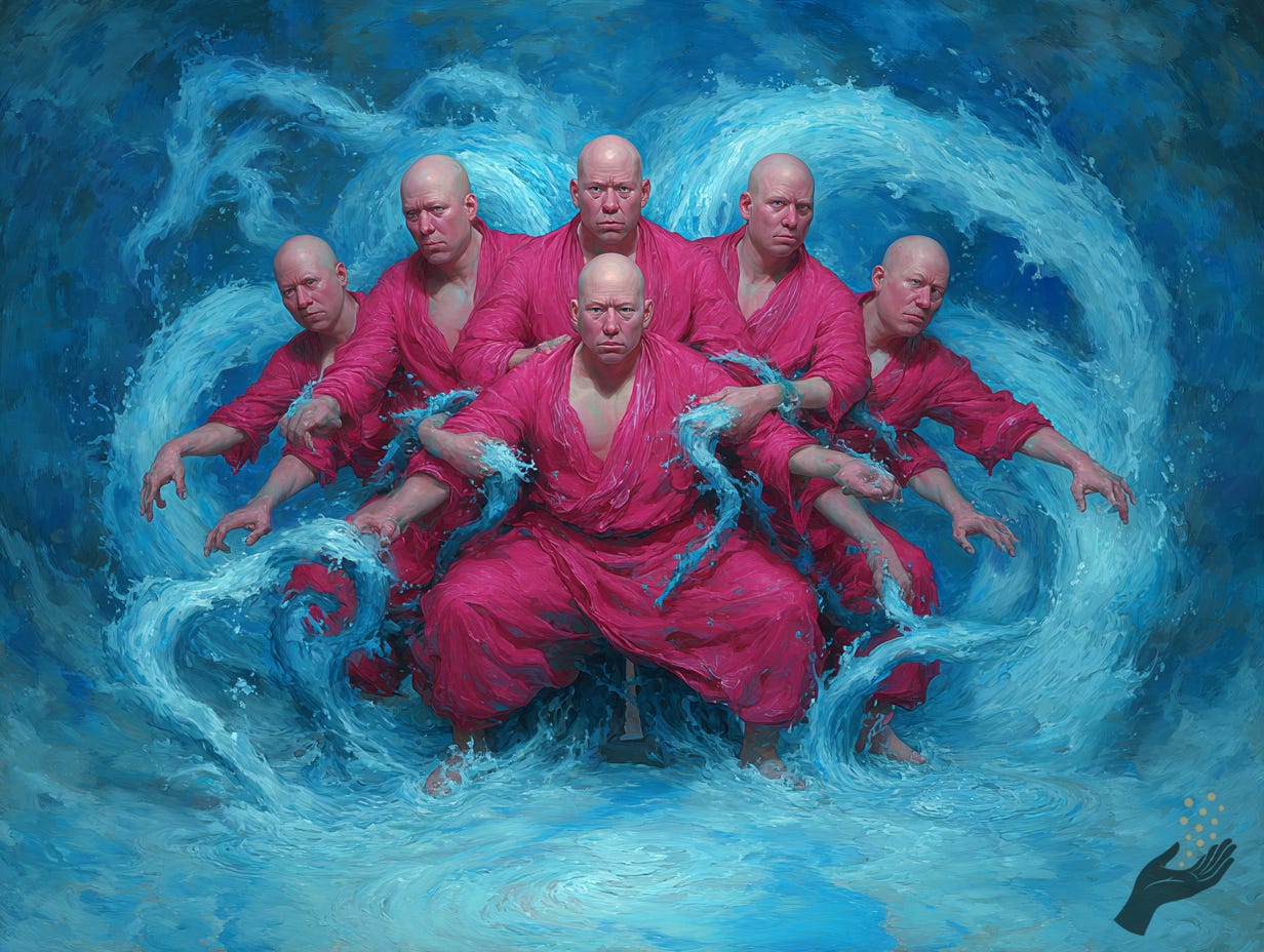 A group of bald figures in bright pink robes is gathered closely in swirling blue water, with repeated arms extending outward and large wave-like forms curling around them.