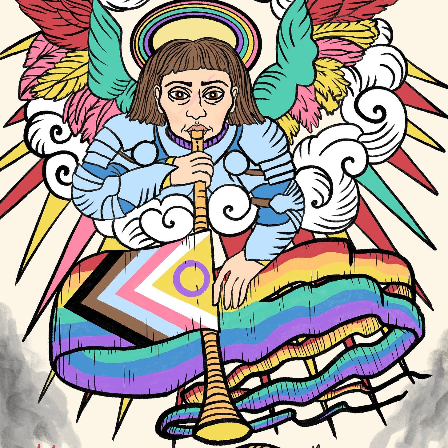 An illustration of Joan of Arc as an angel wearing armor and emerging from a cloud. Joan is wearing armor, has colorful wings and a rainbow halo, and is blowing a horn from which the inclusivity Pride flag waves.