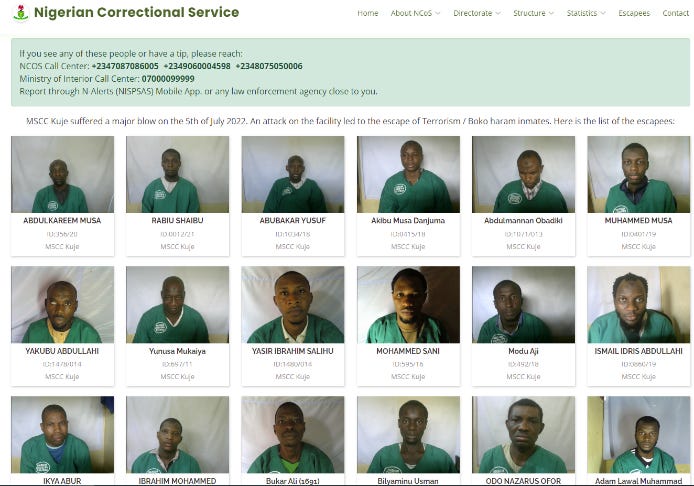 Details of some of the escaped prisoners, published by the prison services (corrections.gov.ng, July 6, 2022) The Meir Amit Intelligence and Terrorism Information Center: Nigeria's Kuje Prison break as another ISIS activity to liberate prisoners