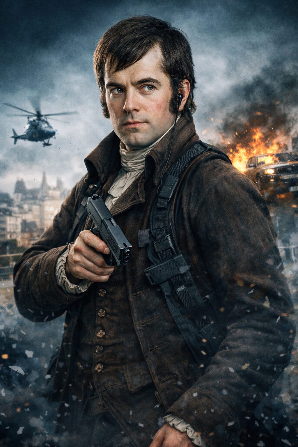 An AI-generated image of a man in an old fashioned brown suit equipped with a gun. There's helicopter in the background and a city under attack. An AI-generated image of a man in an old fashioned brown suit equipped with a gun. There's helicopter in the background and a city under attack.