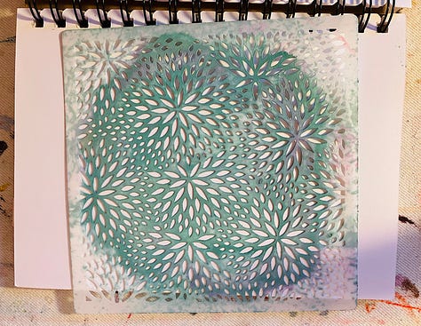 Stencil, gesso and ArtGuard, color testing and the first coat of paint.