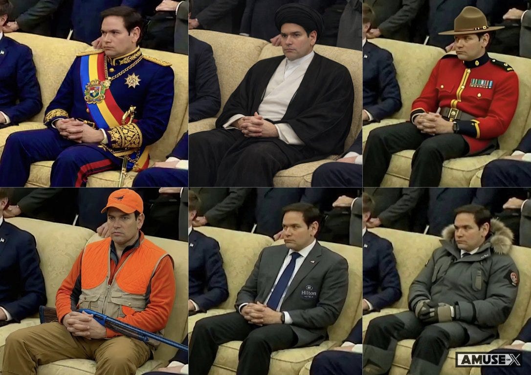 Rubio is basically Trump’s human “Acting Secretary.” Here’s Marco realizing he’s now in charge of Venezuela, Iran, Canada, Minnesota, the Hilton chain, and Greenland — and HR still hasn’t sent him the org chart.
