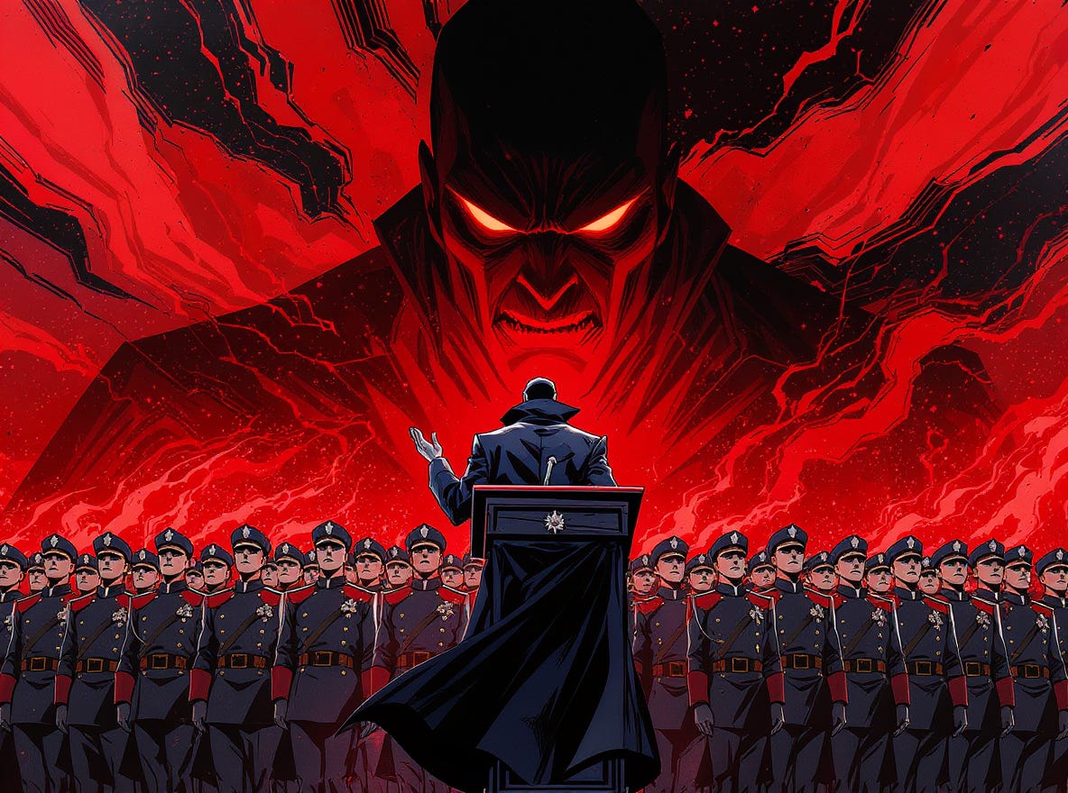 Comic book style image of fascist leader urging on uniformed stooges. In the background is a large demonic presence overseeing the entire affair. Comic book style image of fascist leader urging on uniformed stooges. In the background is a large demonic presence overseeing the entire affair.