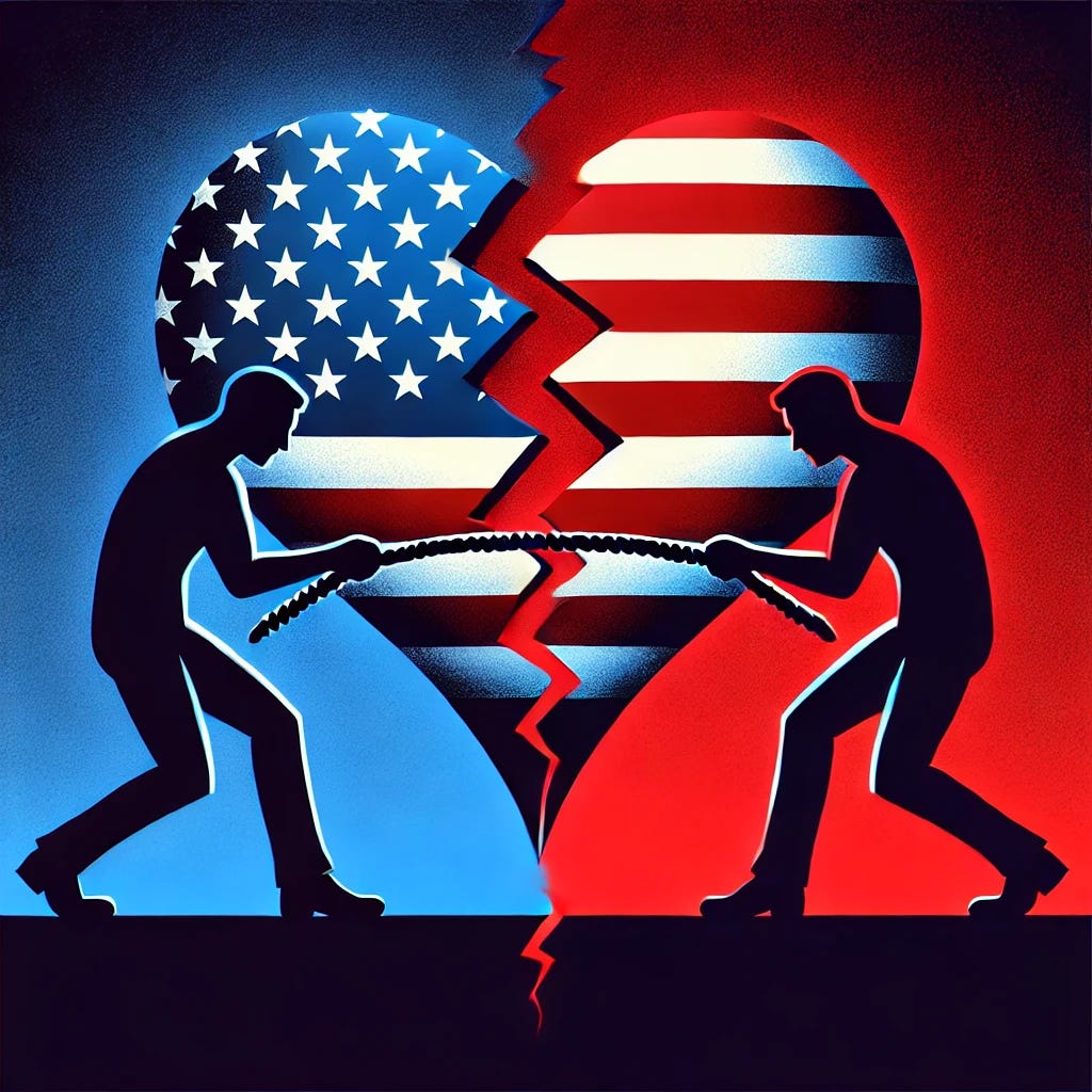 A heart being fought over in a tug-of-war match by two individuals. The heart is stylized as an American flag. The background is split between blue and red, symbolizing the struggle between the left-wing and right-wing parties of the country.