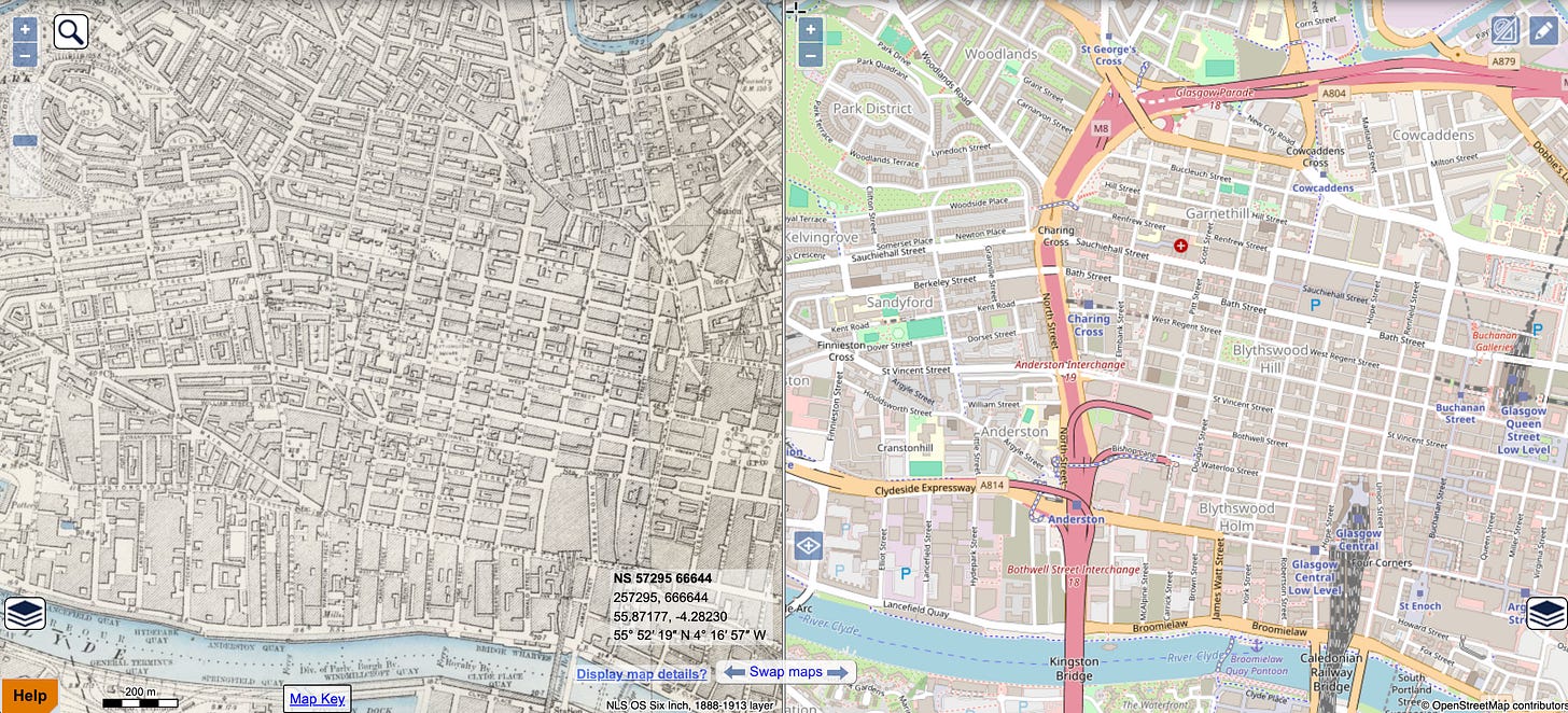 Side-by-side map comparison of Glasgow in 1890 and the present day Side-by-side map comparison of Glasgow in 1890 and the present day