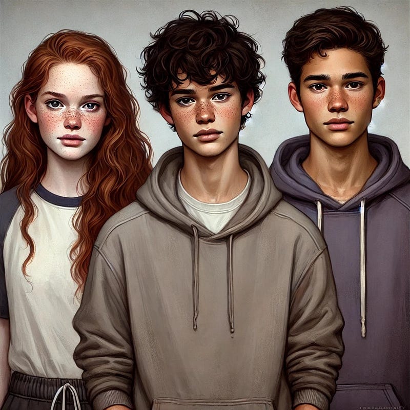Monroe Siblings Portrait Three teenage siblings with olive skin and freckles. The sister has wavy red hair and a baseball tee. One brother wears a gray hoodie, the other a navy one. They stand together against a neutral backdrop.