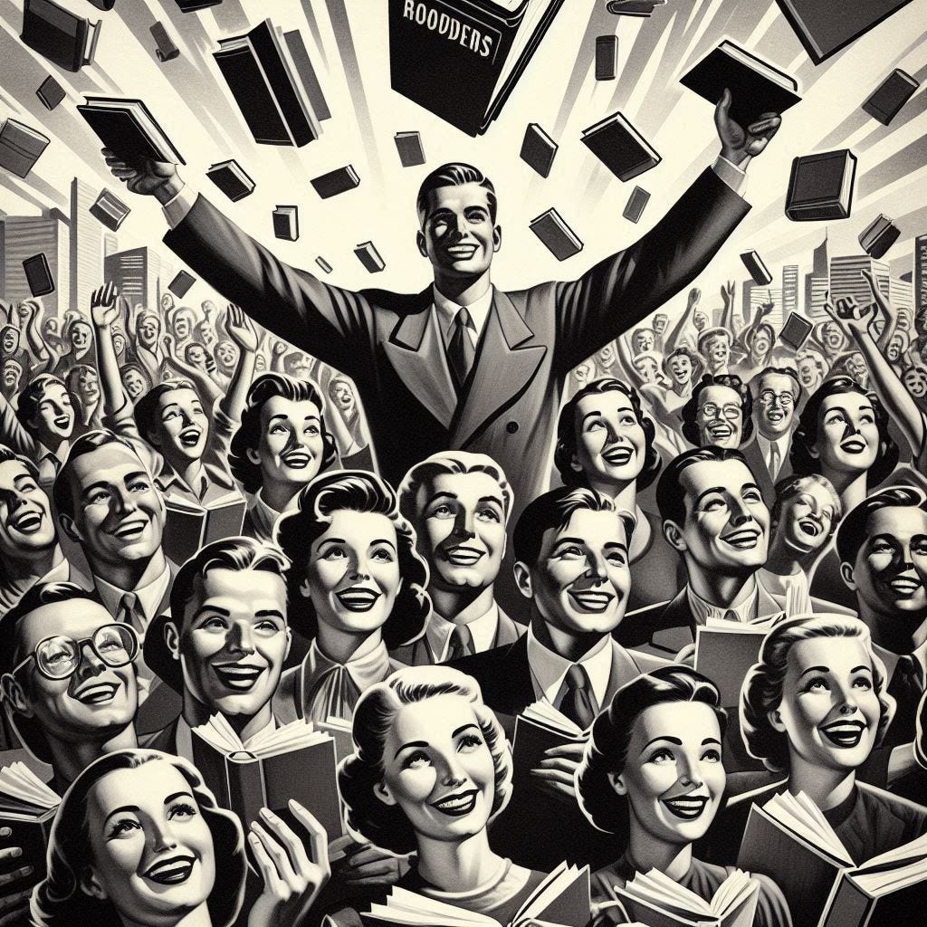 A crowd of happy readers celebrating their favorite books in the style of a 1950s black and white propaganda poster.