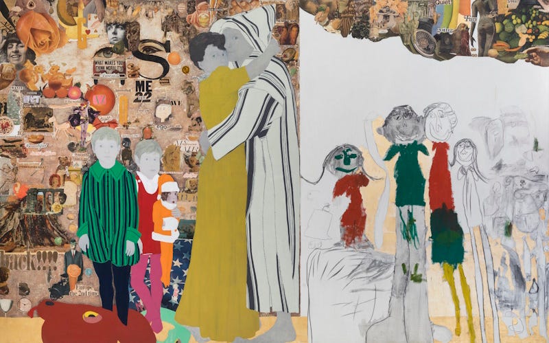 A painting of two adults embracing with two children to the right, backdropped by a collage of newsprint and magazine clippings. On the left side is a family portrait by children on a white background in charcoal, and paint.