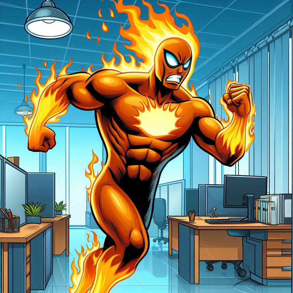 A flaming Human Torch stalks angrily out of an office. Cartoon. Superhero.