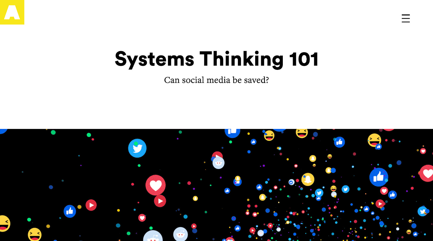 Screenshot of an article titled 'Systems Thinking 101: Can social media be saved?' from Artefact Group. The image features floating social media reaction icons, such as likes, hearts, and emojis, against a black background.