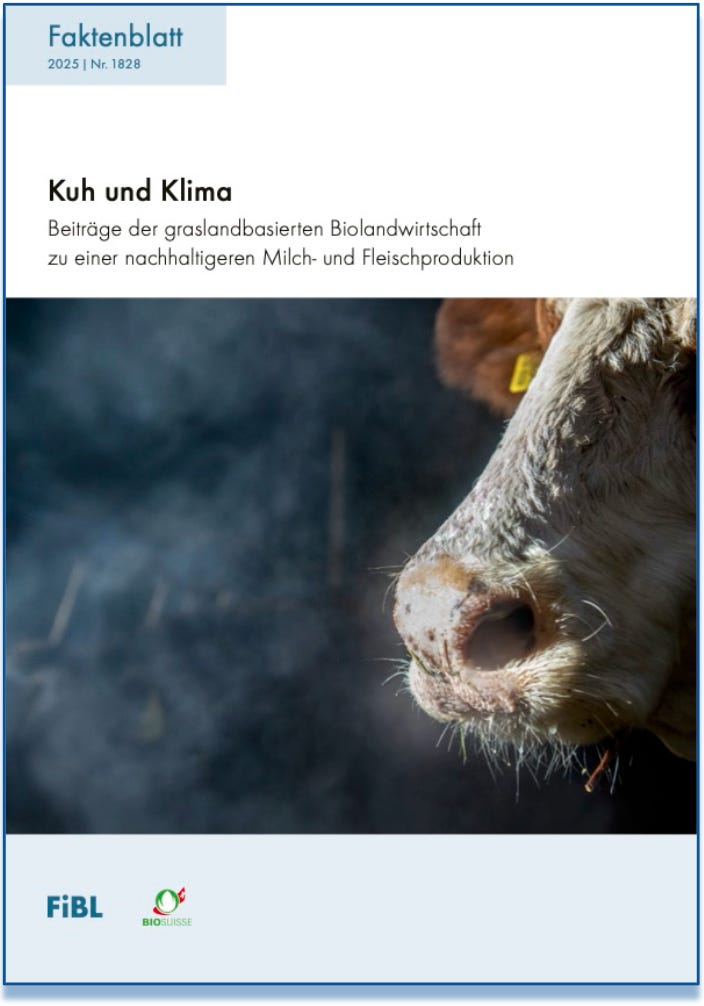 Titelblatt des Faktenblattes «Kuh und Klima. Beiträge der graslandbasierten Biolandwirtschaft zu einer nachhaltigeren Milch- und Fleischproduktion». Titelblatt des Faktenblattes «Kuh und Klima. Beiträge der graslandbasierten Biolandwirtschaft zu einer nachhaltigeren Milch- und Fleischproduktion».