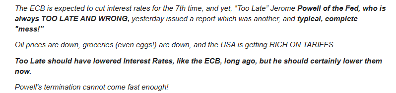 Trump post on Truth Social about Jerome Powell Trump post on Truth Social about Jerome Powell