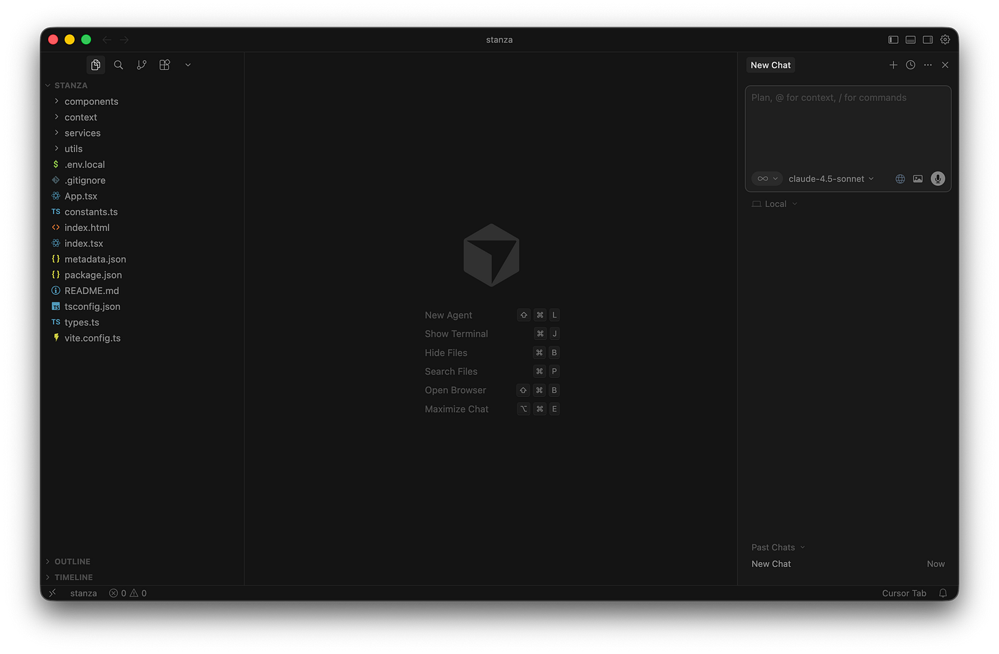 The Cursor IDE interface displays a workspace with the stanza project folder on the left and a chat panel on the right. The Cursor IDE interface displays a workspace with the stanza project folder on the left and a chat panel on the right.