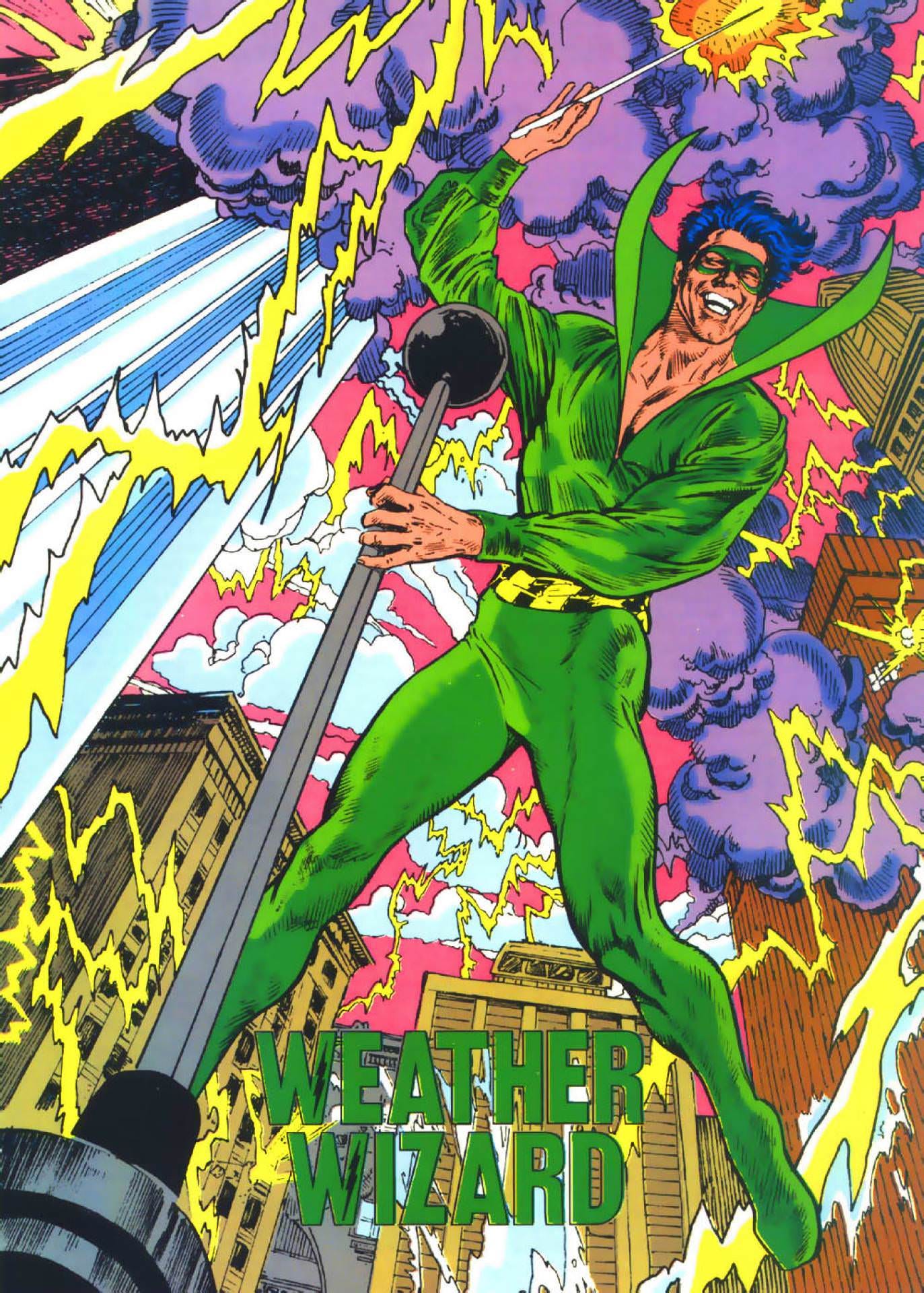 Weather Wizard summons lightning and storm clouds over a city with his weather wand.