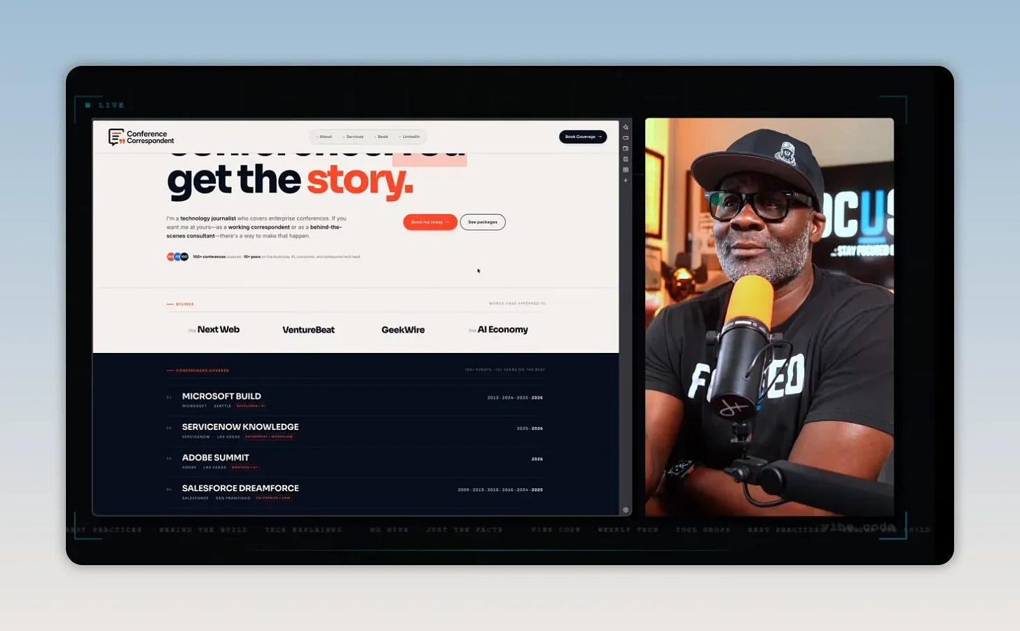 Conference Correspondent homepage screenshot with the headline “go to the conference. You get the story.” alongside a presenter at a studio microphone