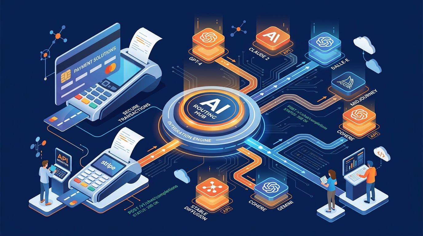 Flat isometric illustration of a central routing hub connecting multiple AI model icons through branching data pipelines, a large payment card and Stripe-style payment terminal feeding into the hub, small developer figures watching different routes light up, dark navy background, clean vector art style, bold orange, blue and white accents, modern technology business editorial aesthetic Flat isometric illustration of a central routing hub connecting multiple AI model icons through branching data pipelines, a large payment card and Stripe-style payment terminal feeding into the hub, small developer figures watching different routes light up, dark navy background, clean vector art style, bold orange, blue and white accents, modern technology business editorial aesthetic