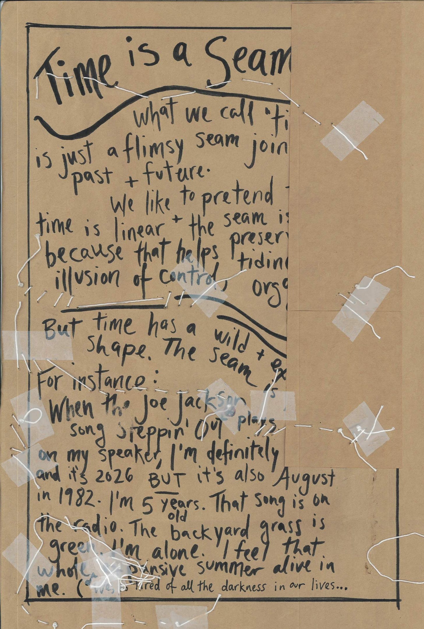 time is a seam: brown paper bag with stitching