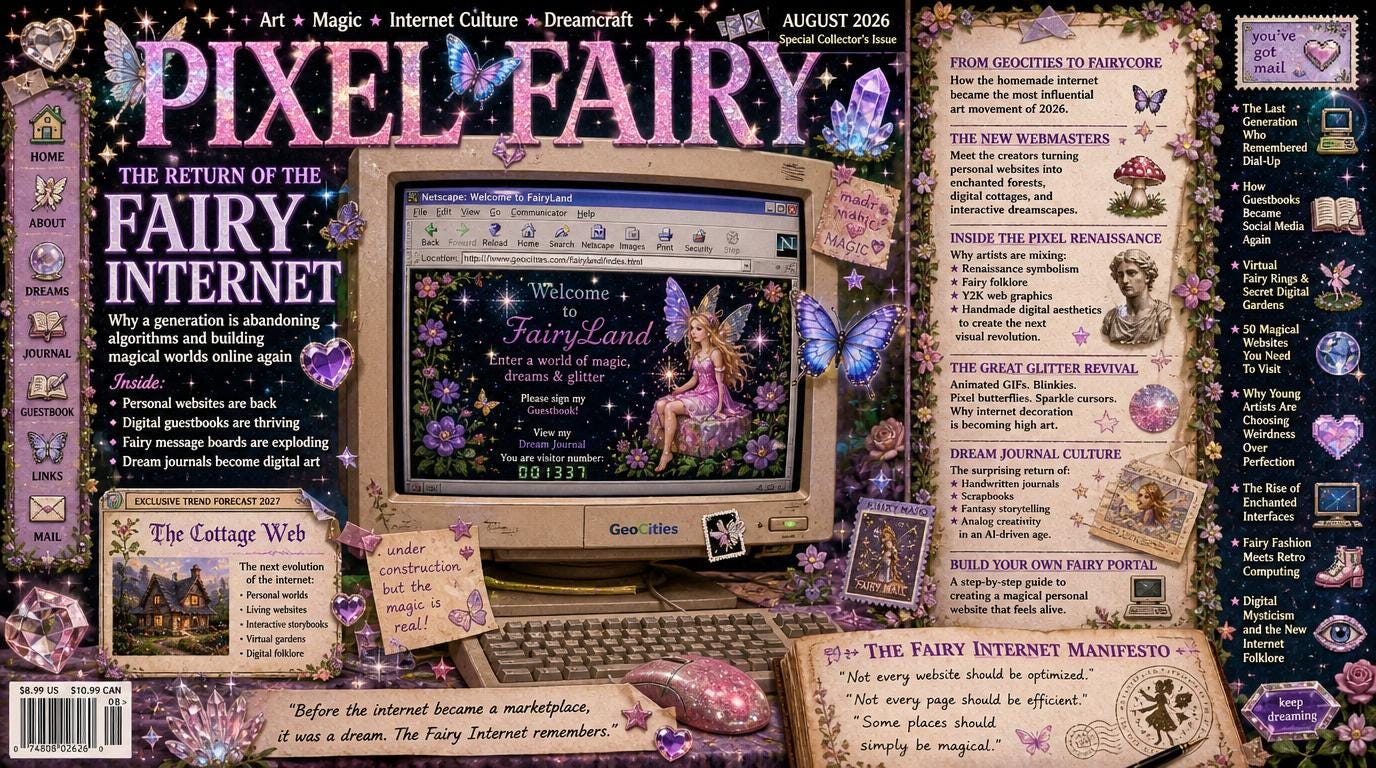 # **PIXEL FAIRY**

## **August 2026**

### *The Return of the Fairy Internet*

**Cover Concept:**

The cover is built around the image you've shared—a glowing fairy-themed GeoCities portal displayed on a CRT monitor, transformed into the centerpiece of a cultural movement. The entire magazine cover feels like a lost issue from an alternate 2026 where fairycore, personal websites, digital scrapbooking, dream journals, and enchanted web design became the dominant art movement.


# MASTHEAD

### PIXEL FAIRY

*Art • Magic • Internet Culture • Dreamcraft*

**AUGUST 2026**

**Special Collector's Issue**

---

# MAIN COVER STORY

## THE RETURN OF THE FAIRY INTERNET

### Why a generation is abandoning algorithms and building magical worlds online again

Inside:

* Personal websites are back
* Digital guestbooks are thriving
* Fairy message boards are exploding
* Dream journals become digital art

---

# FEATURE STORIES

## FROM GEOCITIES TO FAIRYCORE

How the homemade internet became the most influential art movement of 2026.

---

## THE NEW WEBMASTERS

Meet the creators turning personal websites into enchanted forests, digital cottages, and interactive dreamscapes.

---

## INSIDE THE PIXEL RENAISSANCE

Why artists are mixing:

* Renaissance symbolism
* Fairy folklore
* Y2K web graphics
* Handmade digital aesthetics

to create the next visual revolution.

---

## THE GREAT GLITTER REVIVAL

Animated GIFs.

Blinkies.

Pixel butterflies.

Sparkle cursors.

Why internet decoration is becoming high art.

---

## DREAM JOURNAL CULTURE

The surprising return of:

* Handwritten journals
* Scrapbooks
* Fantasy storytelling
* Analog creativity

in an AI-driven age.

---

## BUILD YOUR OWN FAIRY PORTAL

A step-by-step guide to creating a magical personal website that feels alive.

---

# SMALLER COVER TEASES

### ★ The Last Generation Who Remembered Dial-Up

### ★ How Guestbooks Became Social Media Again

### ★ Virtual Fairy Rings & Secret Digital Gardens

### ★ 50 Magical Websites You Need To Visit

### ★ Why Young Artists Are Choosing Weirdness Over Perfection

### ★ The Rise of Enchanted Interfaces

### ★ Fairy Fashion Meets Retro Computing

### ★ Digital Mysticism and the New Internet Folklore

---

# FEATURE SPREAD

## THE FAIRY INTERNET MANIFESTO

*"Not every website should be optimized."*

*"Not every page should be efficient."*

*"Some places should simply be magical."*

---

# COVER CALLOUT

### EXCLUSIVE TREND FORECAST 2027

**The Cottage Web**

The next evolution of the internet:

* Personal worlds
* Living websites
* Interactive storybooks
* Virtual gardens
* Digital folklore

---

# BOTTOM COVER QUOTE

*"Before the internet became a marketplace, it was a dream. The Fairy Internet remembers."*

---

### Visual Art Direction

The cover itself would be overflowing with:

* Glitter GIF borders
* Animated fairy wings
* Pixel butterflies
* Holographic flowers
* Netscape browser elements
* Floating sparkles
* Digital stickers
* Dream journal scraps
* Guestbook entries
* Fairy stamps
* Crystal icons
* Soft CRT glow

The overall feeling: **1998 GeoCities + fairy tale storybook + magical scrapbook + holographic dreamcore magazine from an alternate future.** ✨🦋💾🌸👁️‍🗨️