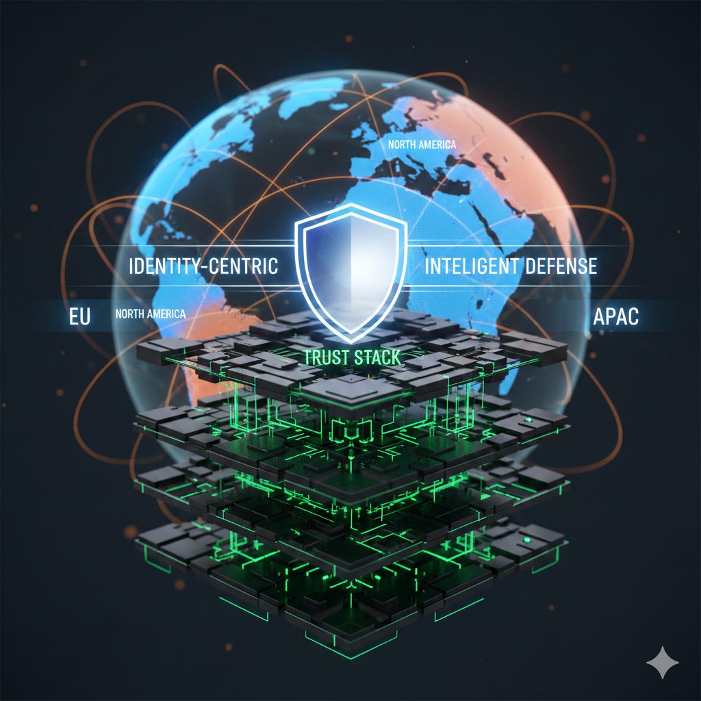 A high-fidelity digital mesh representing a "trust stack" in deep obsidian and emerald green. In the background, a translucent globe highlights regulatory zones (EU, North America, APAC) with glowing data paths. A central, glowing shield icon symbolizes the transition to identity-centric, intelligent defense. A high-fidelity digital mesh representing a "trust stack" in deep obsidian and emerald green. In the background, a translucent globe highlights regulatory zones (EU, North America, APAC) with glowing data paths. A central, glowing shield icon symbolizes the transition to identity-centric, intelligent defense.