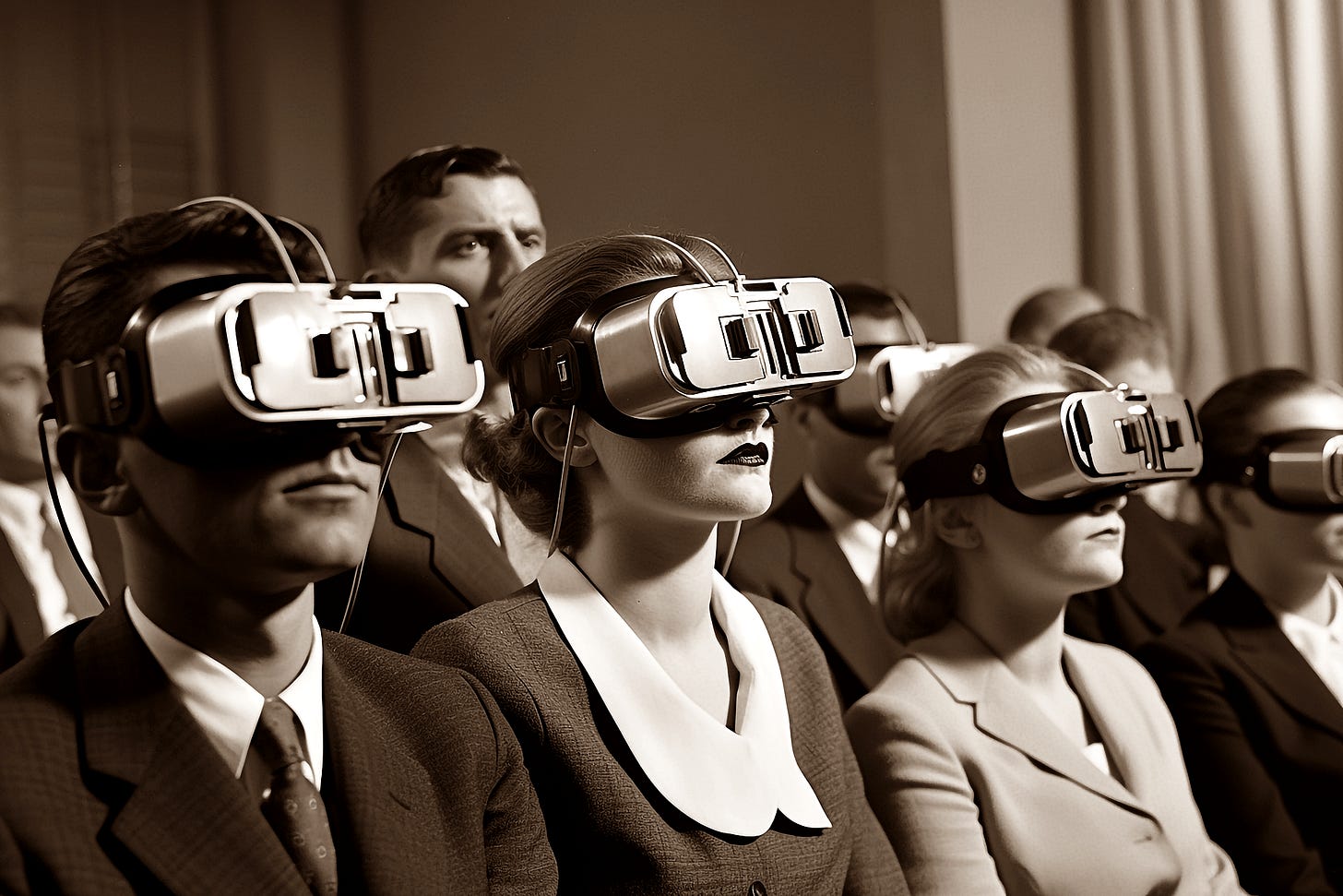 An AI, retro sepia photo of a smartly dressed group of men and woman sat side by side, wearing virtual reality type boxy eyewear devices. Image by Leighley from Pixabay (modified).