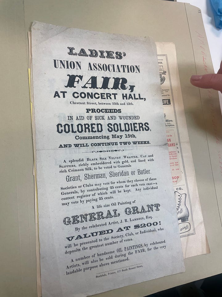 A glimpse into the array of paper objects in HSP's collections ranging from: Varying currencies used in the original 13 colonies, a swatch of fabric from a coat belonging to Ben Franklin, an advertisement for a Civil War fundraiser in support of 'colored soldiers' in the Union army and photographs of exhibitor stalls at The Great Central Fair in Philadelphia in June of 1864