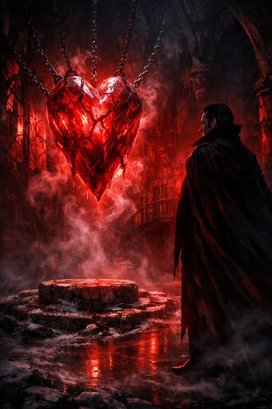 Heart of Sorrows floating in Castle Ravenloft’s tower, pulsing crimson light across black stone and shattered stained glass, mist coiling upward, Count Strahd’s dark silhouette watching from the edge of the chamber, cloak like living shadow, atmosphere heavy with grief and power
