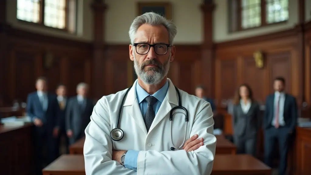 A physician faces the obstacle of political influence in the healthcare system. The doctor, clad in a white coat and wearing a stethoscope, appears troubled.