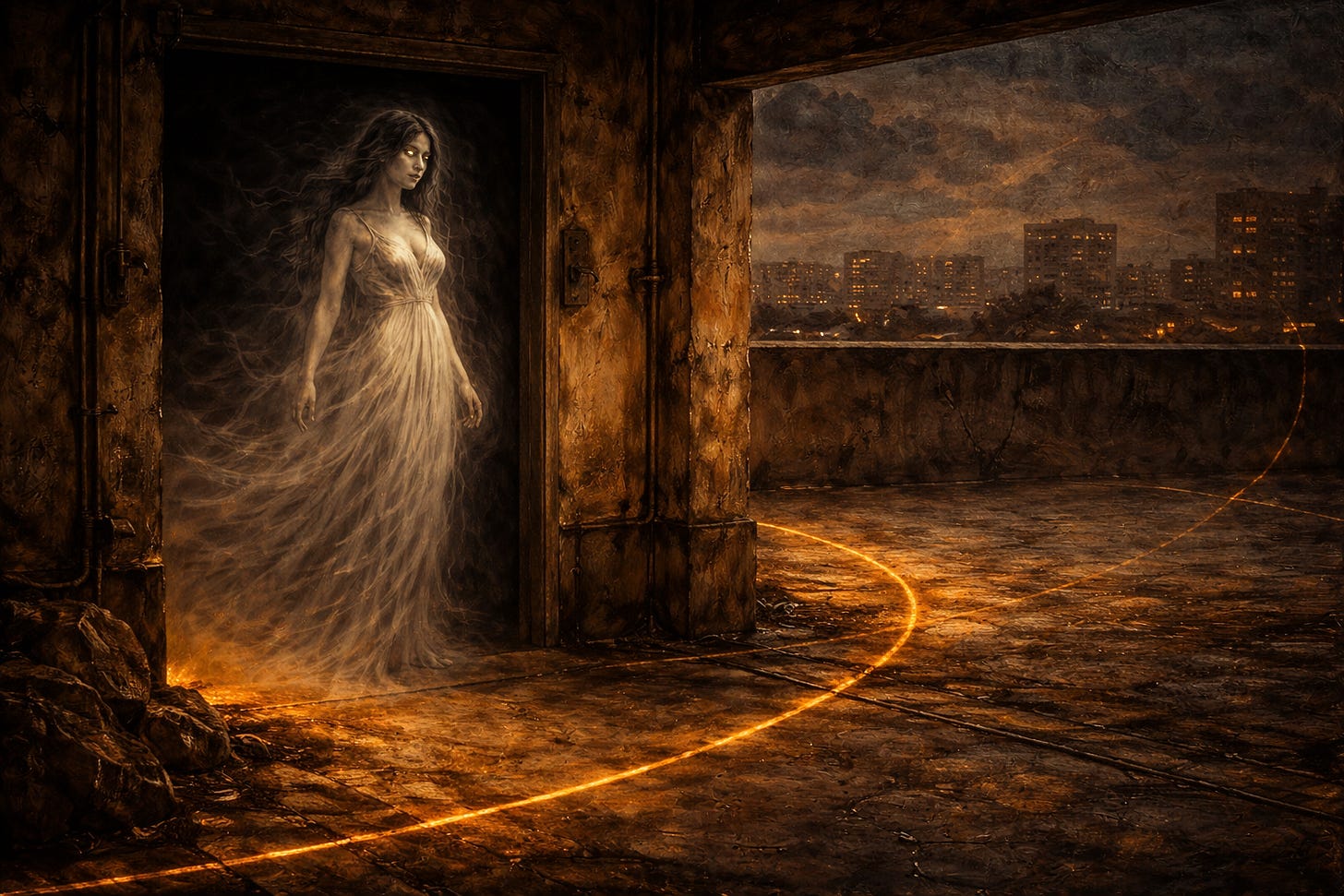 An oil-style painting shows a ghostly woman in a flowing white dress standing in the doorway of a parking garage at dusk, a thin golden thread glowing across the concrete toward the open rooftop and distant city lights.