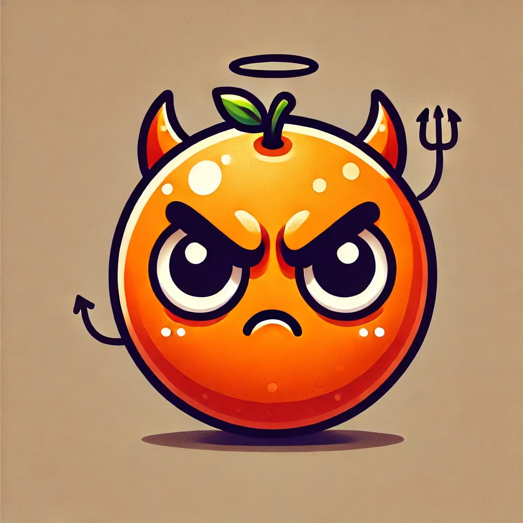 A cartoonish, stylized orange fruit with an angry yet sassy expression. The orange has expressive, arched eyebrows, narrowed eyes, and a slightly smirking mouth that gives a mischievous look. It has subtle 'bad' qualities, like small devilish horns, or maybe a tiny pitchfork or shadowed background to add a hint of mischief. The orange has simple, bold colors with a playful, illustrated style, and the background is neutral to make the character pop.